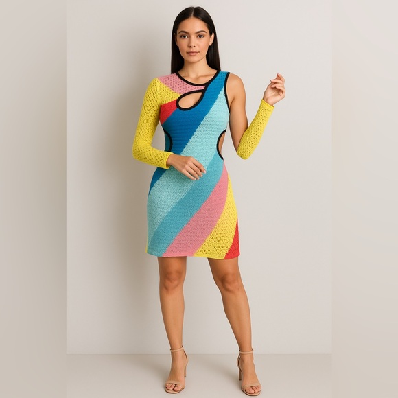 STAUD Marseille Linen Blend Knit Rainbow One-Shoulder Dress
